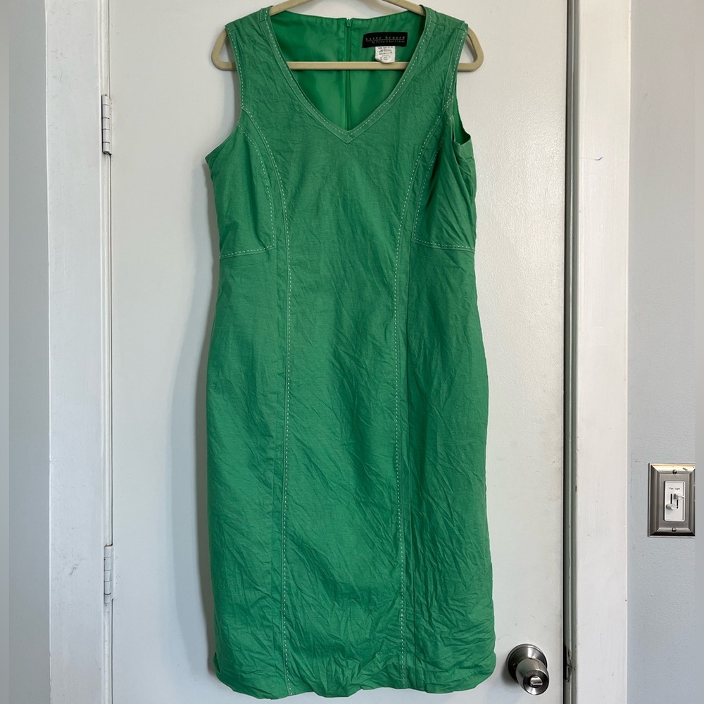 Harvé Benard Vintage linen blend v-Neck Green Sheath Dress preppy summer 14